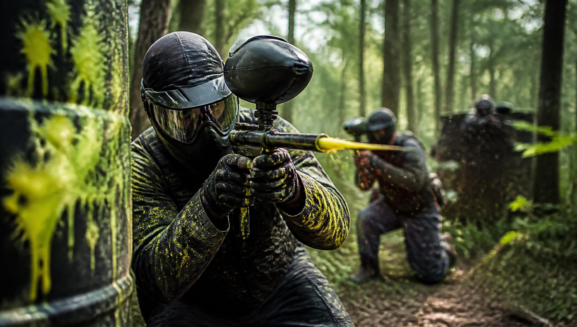 Paintball-pelaajia metsäkentällä